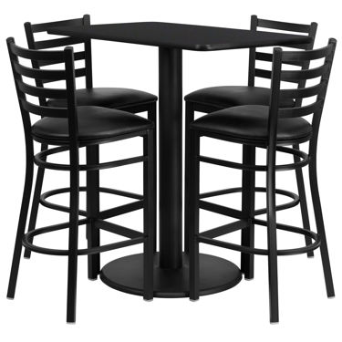24'' x 42'' Rectangular Black Laminate Table Set with 4 Ladder Back Metal Barstools - Black Vinyl Seat RSRB1017-GG