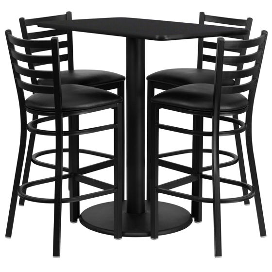 24'' x 42'' Rectangular Black Laminate Table Set with 4 Ladder Back Metal Barstools - Black Vinyl Seat RSRB1017-GG