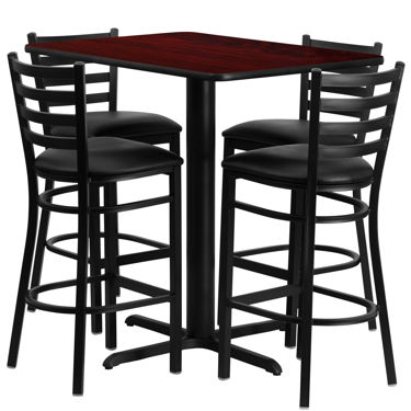 24''W x 42''L Rectangular Mahogany Laminate Table Set with 4 Ladder Back Metal Barstools - Black Vinyl Seat HDBF1018-GG