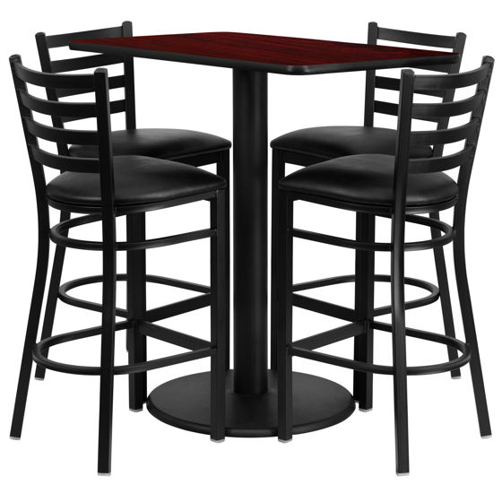 24'' x 42'' Rectangular Mahogany Laminate Table Set with 4 Ladder Back Metal Barstools - Black Vinyl Seat RSRB1018-GG