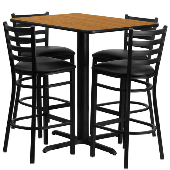 24''W x 42''L Rectangular Natural Laminate Table Set with 4 Ladder Back Metal Barstools - Black Vinyl Seat HDBF1019-GG