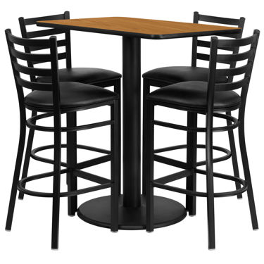 24'' x 42'' Rectangular Natural Laminate Table Set with 4 Ladder Back Metal Barstools - Black Vinyl Seat RSRB1019-GG