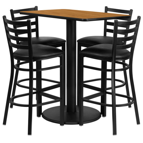 24'' x 42'' Rectangular Natural Laminate Table Set with 4 Ladder Back Metal Barstools - Black Vinyl Seat RSRB1019-GG