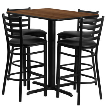 24''W x 42''L Rectangular Walnut Laminate Table Set with 4 Ladder Back Metal Barstools - Black Vinyl Seat HDBF1020-GG