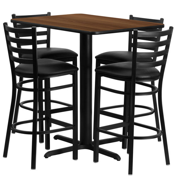 24''W x 42''L Rectangular Walnut Laminate Table Set with 4 Ladder Back Metal Barstools - Black Vinyl Seat HDBF1020-GG