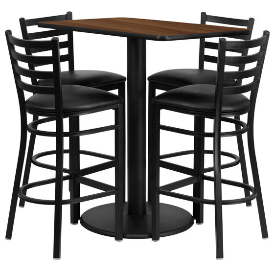 24'' x 42'' Rectangular Walnut Laminate Table Set with 4 Ladder Back Metal Barstools - Black Vinyl Seat RSRB1020-GG