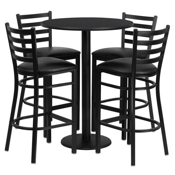 30'' Round Black Laminate Table Set with Round Base and 4 Ladder Back Metal Barstools - Black Vinyl Seat RSRB1021-GG