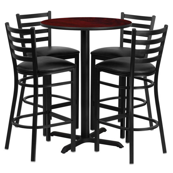 30'' Round Mahogany Laminate Table Set with X-Base and 4 Ladder Back Metal Barstools - Black Vinyl Seat HDBF1022-GG