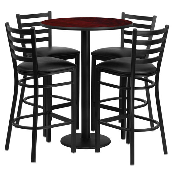 30'' Round Mahogany Laminate Table Set with Round Base and 4 Ladder Back Metal Barstools - Black Vinyl Seat RSRB1022-GG