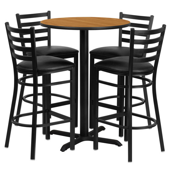 30'' Round Natural Laminate Table Set with X-Base and 4 Ladder Back Metal Barstools - Black Vinyl Seat HDBF1023-GG