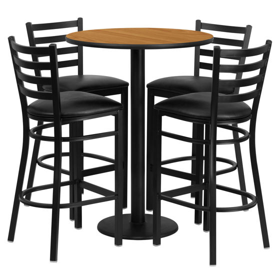 30'' Round Natural Laminate Table Set with Round Base and 4 Ladder Back Metal Barstools - Black Vinyl Seat RSRB1023-GG