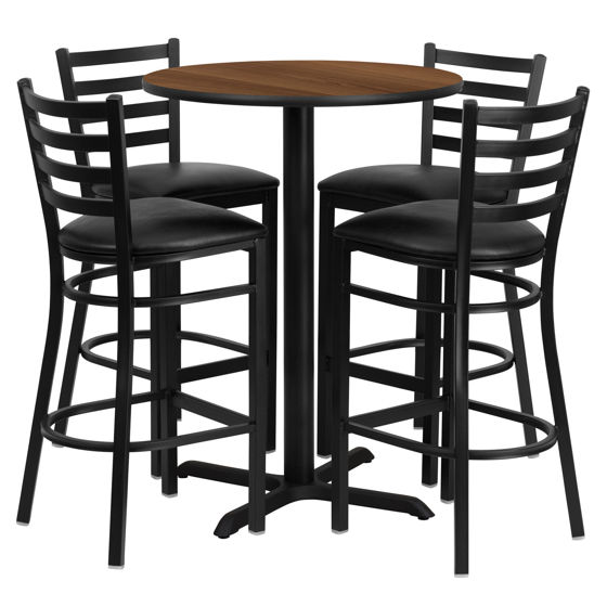 30'' Round Walnut Laminate Table Set with X-Base and 4 Ladder Back Metal Barstools - Black Vinyl Seat HDBF1024-GG