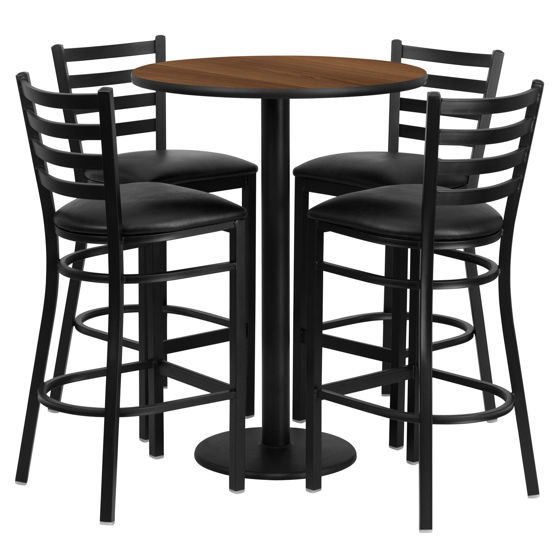 30'' Round Walnut Laminate Table Set with Round Base and 4 Ladder Back Metal Barstools - Black Vinyl Seat RSRB1024-GG