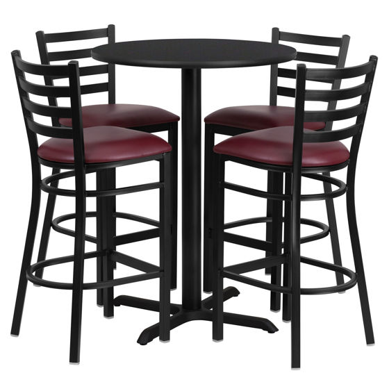 30'' Round Black Laminate Table Set with X-Base and 4 Ladder Back Metal Barstools - Burgundy Vinyl Seat HDBF1025-GG