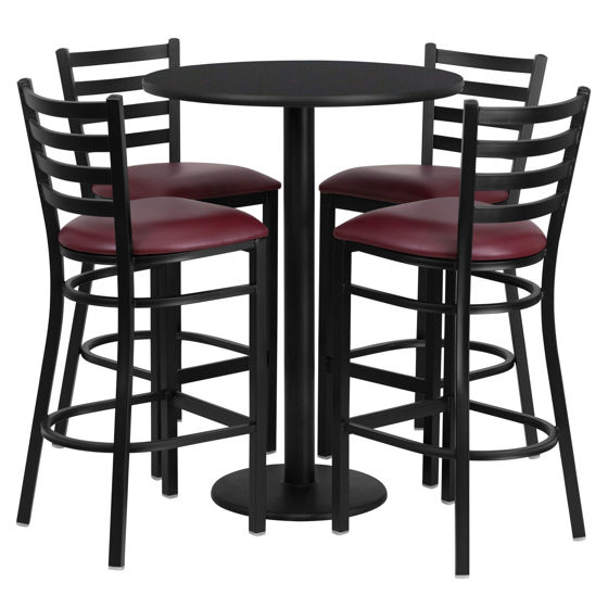 30'' Round Black Laminate Table Set with Round Base and 4 Ladder Back Metal Barstools - Burgundy Vinyl Seat RSRB1025-GG