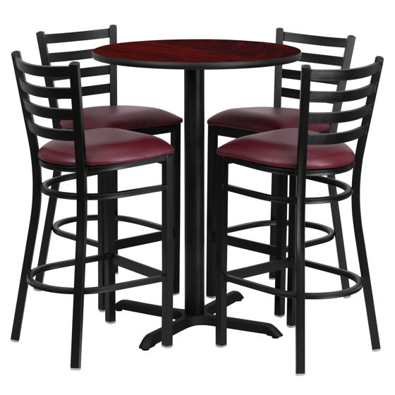 30'' Round Mahogany Laminate Table Set with X-Base and 4 Ladder Back Metal Barstools - Burgundy Vinyl Seat HDBF1026-GG