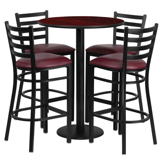 30'' Round Mahogany Laminate Table Set with Round Base and 4 Ladder Back Metal Barstools - Burgundy Vinyl Seat RSRB1026-GG