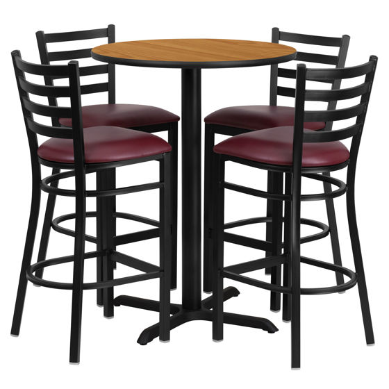 30'' Round Natural Laminate Table Set with X-Base and 4 Ladder Back Metal Barstools - Burgundy Vinyl Seat HDBF1027-GG