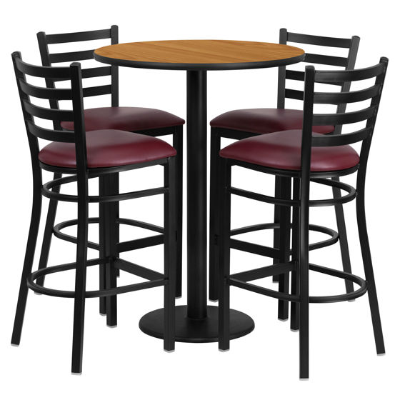 30'' Round Natural Laminate Table Set with Round Base and 4 Ladder Back Metal Barstools - Burgundy Vinyl Seat RSRB1027-GG