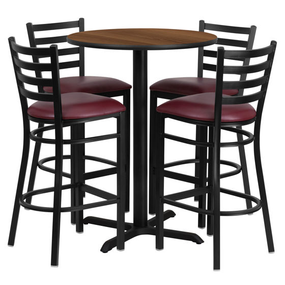 30'' Round Walnut Laminate Table Set with X-Base and 4 Ladder Back Metal Barstools - Burgundy Vinyl Seat HDBF1028-GG