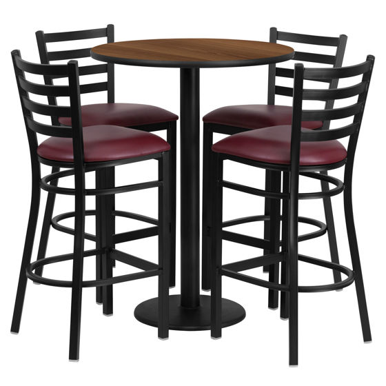 30'' Round Walnut Laminate Table Set with Round Base and 4 Ladder Back Metal Barstools - Burgundy Vinyl Seat RSRB1028-GG