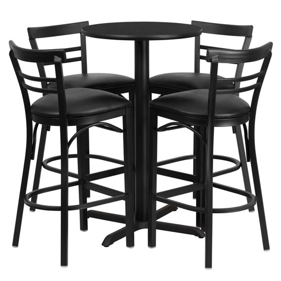 24'' Round Black Laminate Table Set with X-Base and 4 Two-Slat Ladder Back Metal Barstools - Black Vinyl Seat HDBF1033-GG