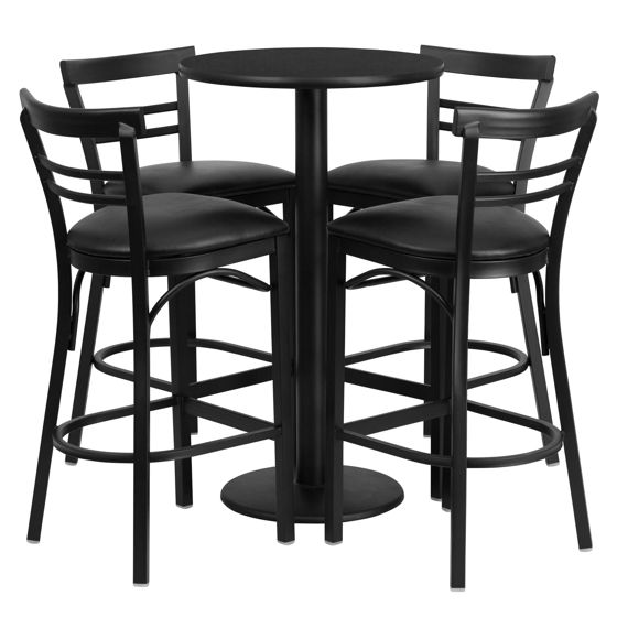 24'' Round Black Laminate Table Set with Round Base and 4 Two-Slat Ladder Back Metal Barstools - Black Vinyl Seat RSRB1033-GG