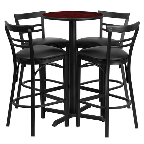 24'' Round Mahogany Laminate Table Set with X-Base and 4 Two-Slat Ladder Back Metal Barstools - Black Vinyl Seat HDBF1034-GG