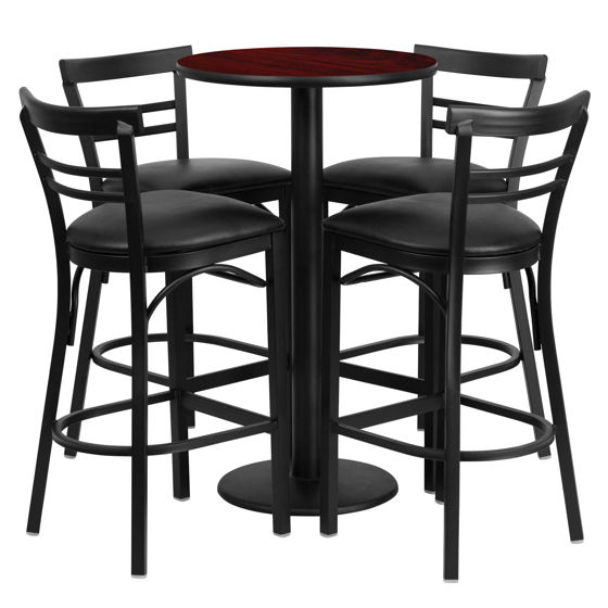 24'' Round Mahogany Laminate Table Set with Round Base and 4 Two-Slat Ladder Back Metal Barstools - Black Vinyl Seat RSRB1034-GG