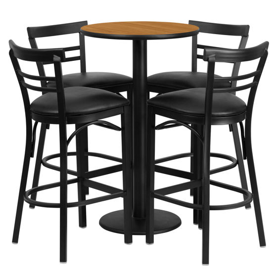 24'' Round Natural Laminate Table Set with Round Base and 4 Two-Slat Ladder Back Metal Barstools - Black Vinyl Seat RSRB1035-GG