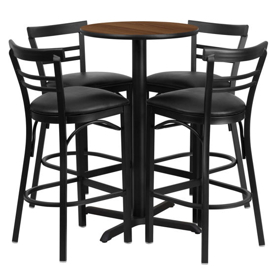 24'' Round Walnut Laminate Table Set with X-Base and 4 Two-Slat Ladder Back Metal Barstools - Black Vinyl Seat HDBF1036-GG