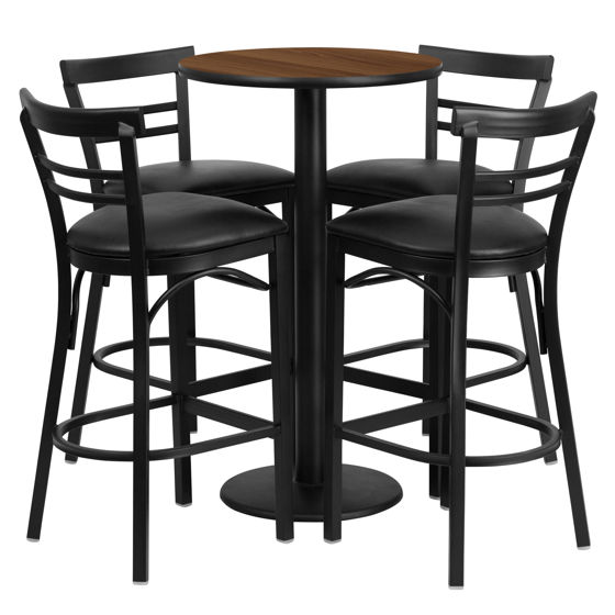 24'' Round Walnut Laminate Table Set with Round Base and 4 Two-Slat Ladder Back Metal Barstools - Black Vinyl Seat RSRB1036-GG