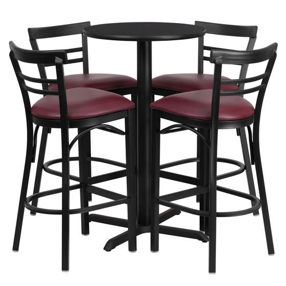 24'' Round Black Laminate Table Set with X-Base and 4 Two-Slat Ladder Back Metal Barstools - Burgundy Vinyl Seat HDBF1037-GG
