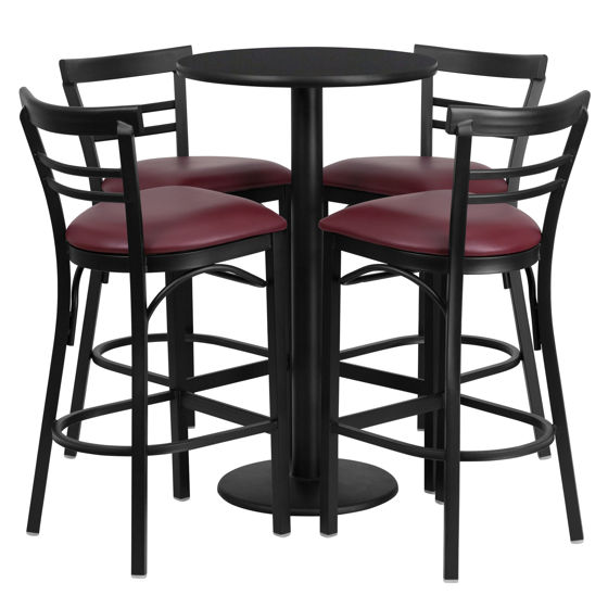 24'' Round Black Laminate Table Set with Round Base and 4 Two-Slat Ladder Back Metal Barstools - Burgundy Vinyl Seat RSRB1037-GG