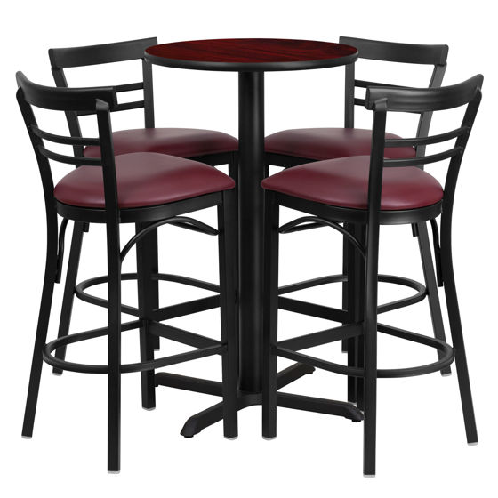 24'' Round Mahogany Laminate Table Set with X-Base and 4 Two-Slat Ladder Back Metal Barstools - Burgundy Vinyl Seat HDBF1038-GG