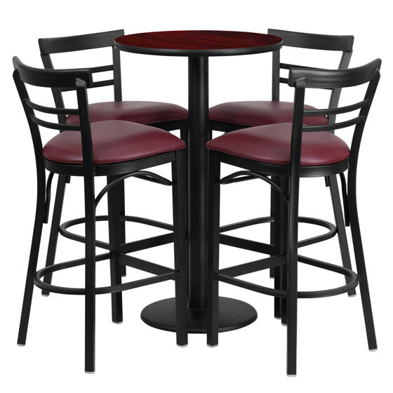 24'' Round Mahogany Laminate Table Set with Round Base and 4 Two-Slat Ladder Back Metal Barstools - Burgundy Vinyl Seat RSRB1038-GG