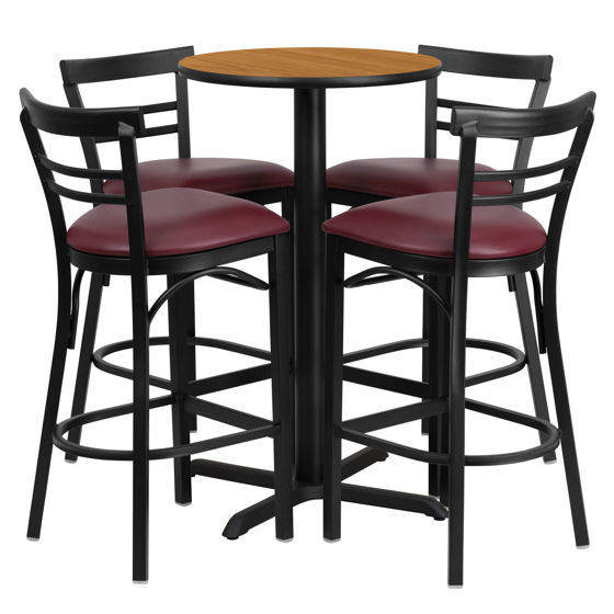 24'' Round Natural Laminate Table Set with X-Base and 4 Two-Slat Ladder Back Metal Barstools - Burgundy Vinyl Seat HDBF1039-GG