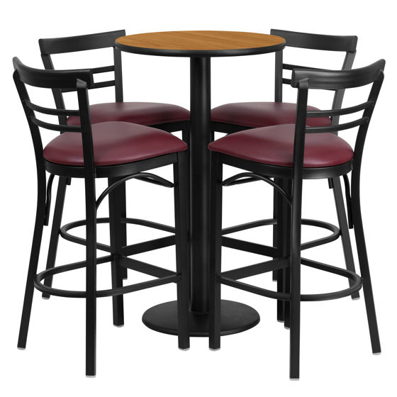 24'' Round Natural Laminate Table Set with Round Base and 4 Two-Slat Ladder Back Metal Barstools - Burgundy Vinyl Seat RSRB1039-GG