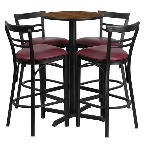 24'' Round Walnut Laminate Table Set with X-Base and 4 Two-Slat Ladder Back Metal Barstools - Burgundy Vinyl Seat HDBF1040-GG