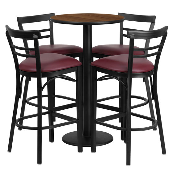 24'' Round Walnut Laminate Table Set with Round Base and 4 Two-Slat Ladder Back Metal Barstools - Burgundy Vinyl Seat RSRB1040-GG