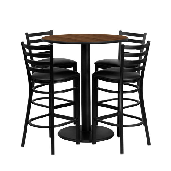 36'' Round Walnut Laminate Table Set with 4 Ladder Back Metal Barstools - Black Vinyl Seat MD-0011-GG