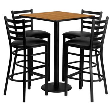 30'' Square Natural Laminate Table Set with 4 Ladder Back Metal Barstools - Black Vinyl Seat MD-0012-GG