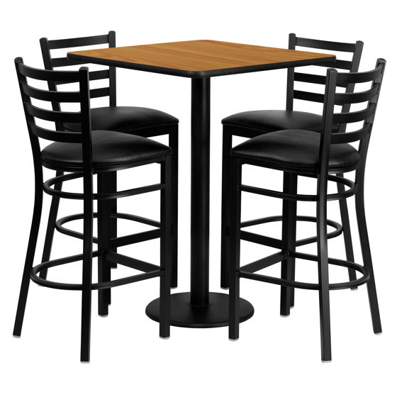 30'' Square Natural Laminate Table Set with 4 Ladder Back Metal Barstools - Black Vinyl Seat MD-0012-GG