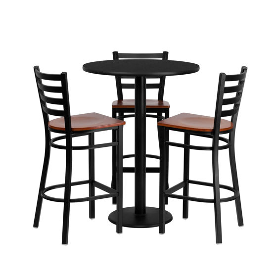 30'' Round Black Laminate Table Set with 3 Ladder Back Metal Barstools - Cherry Wood Seat MD-0013-GG