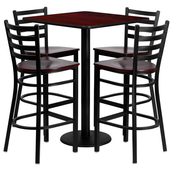 30'' Square Mahogany Laminate Table Set with 4 Ladder Back Metal Barstools - Mahogany Wood Seat MD-0014-GG