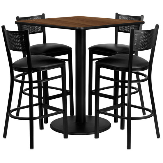 36'' Square Walnut Laminate Table Set with 4 Grid Back Metal Barstools - Black Vinyl Seat MD-0015-GG