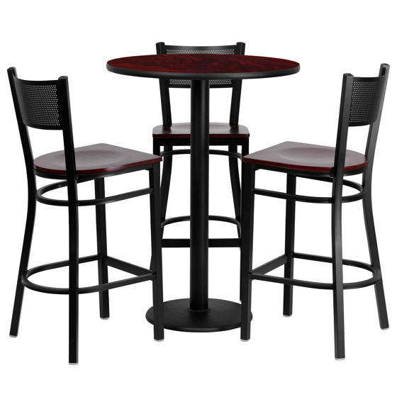 30'' Round Mahogany Laminate Table Set with 3 Grid Back Metal Barstools - Mahogany Wood Seat MD-0017-GG