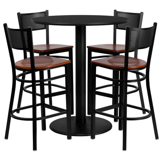 36'' Round Black Laminate Table Set with 4 Grid Back Metal Barstools - Cherry Wood Seat MD-0018-GG
