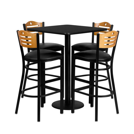 30'' Square Black Laminate Table Set with 4 Wood Slat Back Metal Barstools - Black Vinyl Seat MD-0019-GG