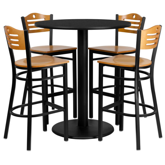 36'' Round Black Laminate Table Set with 4 Wood Slat Back Metal Barstools - Natural Wood Seat MD-0020-GG